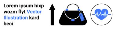 Yükselen bir okun yanında bavul etiketi olan siyah bir çanta ve kalp atışı çizgisi olan bir kalp ikonu. Moda, seyahat, iş büyümesi, sağlık, markalaşma, refah, düz iniş sayfası afişi için ideal