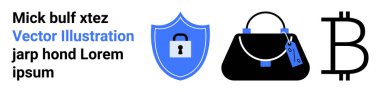 Güvenlik için kilitli bir kalkan, e-ticaret için etiketli bir çanta ve şifreli para birimi B sembolü. Çevrimiçi alışveriş, fintech, engelleme zinciri, güvenlik, dijital cüzdanlar, düz iniş sayfası için ideal