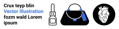 Düşürme şişesi, etiketli tasarım çanta ve detaylı kalp çizimi. Sağlık, moda, anatomi, eğitim, e-ticaret, markalaşma minimalist tasarımlar için ideal