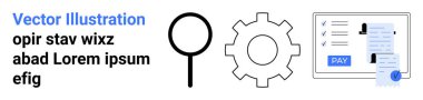 Büyüteç, vites simgesi ve ödeme görselleri ve makbuzuyla birlikte ekran. Teknoloji, finans, analiz, problem çözme, e-ticaret, sistem optimizasyonu için ideal düz bir metafor.