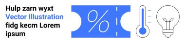 Yüzde sembollü indirim kuponu, sıcaklık için termometre, yenilik ve fikirler için ampul. İş, pazarlama, eğitim, yaratıcılık, enerji ve e-ticaret için ideal