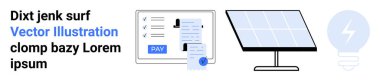 Güneş paneli kullanım gücü, fatura detaylarıyla dijital ödeme ekranı ve parlayan bir enerji ampulü. Sürdürülebilirlik, temiz enerji, ödeme sistemleri, teknoloji, yenilik, verimlilik için ideal
