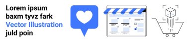 Kalp, metin ile simge, tente ve web sayfası düzeni ile çevrimiçi mağaza önü, alışveriş arabasına düşen küp e-ticaret için ideal, çevrimiçi alışveriş, sosyal medya etkinliği, dijital pazarlama