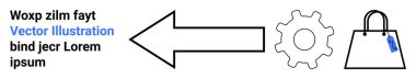 Siyah sol ok, dişli çark, etiketli alışveriş çantası. İş akışı, e-ticaret, perakende, alışveriş, süreç yönetimi, teknoloji düz iniş sayfası afişi için ideal