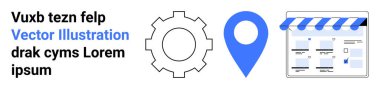 Dişli sembolü, mavi konum şifresi ve metin birleşimi ile birlikte teknik, konum temelli ve e-ticaret kavramlarını temsil eden bir web sayfası. İş çözümleri, pazarlama, navigasyon, çevrimiçi için ideal