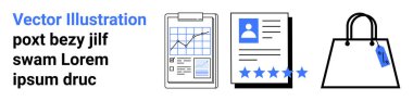 Grafik panosu, yıldız değerlendirmeli profil kağıdı ve alışveriş çantası. İş akışı, işe alım, e-ticaret, analitik, değerlendirme sistemi, kariyer hizmetleri sade iniş sayfası afişi için ideal