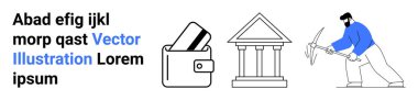 Kartlı cüzdan, sütunlu banka binası ve mavi bluzlu kazma kullanan bir adam. Finansal hizmetler, bankacılık, tasarruf, iş ahlakı, iş yatırımları ve ekonomik büyüme için ideal. İniş sayfası