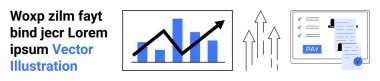 Büyüme çubuğu ve çizgi grafiğinin yukarı doğru oklarla gösterilmesi, dijital ödeme belgesiyle eşleştirilen ilerlemeyi yansıtıyor. Finans, iş büyümesi, ödemeler, analitik, strateji, ekonomi, soyut çizgi için ideal