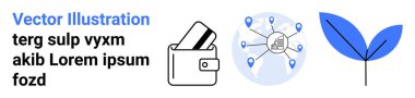 Kartlı cüzdan, toplu iğneli küresel ağ ve mavi yaprak finans, bağlantı ve doğa temalarını temsil ediyor. Fintech, küresel iş, sürdürülebilirlik, çevre dostu girişimler için ideal