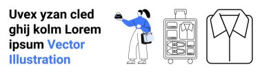 Giysi ve aksesuarları bavul ve gömlek resimlerinde düzenlerken bir kadın çanta tutuyor. Seyahat için ideal, paketleme ipuçları, alışveriş rehberleri, organizasyon, turizm, yaşam tarzı, düz iniş sayfası
