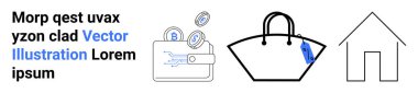 Cüzdanı dijital bozukluklar, etiketli bir alışveriş çantası ve bir ev taslağı. Finans, tasarruf, çevrimiçi alışveriş, kripto para, yatırım, gayrimenkul düz iniş sayfası afişi için ideal