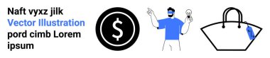 Dolar parası, ampul jestli bir adam ve finans, yenilik ve yaşam tarzını sembolize eden el çantası. İş için ideal, yaratıcılık, bütçe, perakende alışveriş ilanı düz iniş sayfası