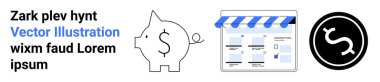 Dolar işaretli domuz kumbarası, tenteli web sayfası ve yuvarlak dolar rozeti. Finans, tasarruf, ecommerce, web sitesi, online alışveriş dijital pazarlama stratejileri için idealdir. İniş sayfası