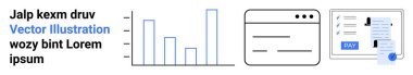 Dikey bar şeması, web tarayıcı şablonu ve ödeme düğmeli fatura analizi, web tasarımı, finans simgeliyor. İş, teknoloji, veri, UIUX ticaret eğitimi için ideal soyut çizgi