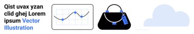 Çizilmiş veri noktalarının çizelgesi, etiketli parlak el çantası ve soyut bulut şekli. E-ticaret, perakende, analitik, moda, bulut depolama, iş araçları düz iniş sayfası afişi için ideal