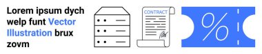 Sunucu yığını, yasal sözleşme belgesi ve indirim kuponu yüzdesi. Dijital yönetim, sözleşmeler, finans, perakende, veri depolama ve işlemler için ideal. Soyut satır düzlüğü