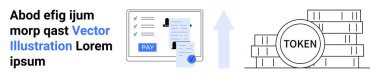 Fatura makbuzu, Ödeme düğmesi, yukarı doğru ok ve işlem, büyüme, kripto para birimi, engelleme zinciri ve dijital ekonomiyi temsil eden jetonlu desteler. Finans teknolojisi için ideal
