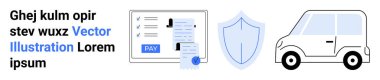 Ödeme düğmesi, kalkan sembolü ve otomobil özeti içeren belgelerde güvenli online araba sigortası vurgulanıyor. Dijital ödemeler, araç güvenliği, güvenlik, uygulamalar, uyum, teknoloji soyut