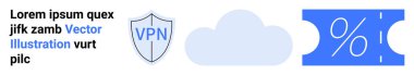 Kalkan etiketli VPN, bulut sembolü ve yüzdelik bilet. Siber güvenlik, bulut depolama, indirimler, uzaktan erişim, tasarruflu veri koruması için ideal. Soyut çizgi düz metafor