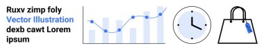 Veri noktaları olan çizgi grafiği, zaman takibi için analog saat ve etiketli alışveriş çantası. İş, analitik, programlama, ekommerce, verimlilik, pazarlama stratejisi düz iniş sayfası için ideal