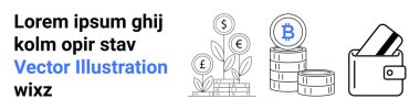 Mavi işaretli metin, çeşitli para birimi sembollü bozuk para fabrikası, Bitcoin desteleri, kredi kartlı cüzdan. Finans, kripto para birimi, teknoloji, yatırım, bankacılık e-ticaret için ideal