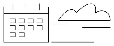 Hız ve modern bağlantıyı vurgulayan çizgilerin olduğu bir bulut anahatının yanındaki takvim ızgarası. Planlama, teslim tarihleri, etkinlikler, verimlilik, bulut depolama, minimalizm ve takım çalışması için ideal. Düz basit