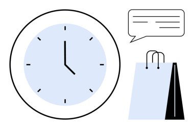 Duvar saati zamanı gösteriyor, diyalog için konuşma balonu, ve ticaret için alışveriş torbası. Perakende satış, zaman yönetimi, müşteri hizmetleri, verimlilik, alışveriş iletişim programı için ideal. Düz basit