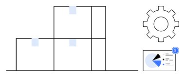 Envanteri temsil eden istiflenmiş kutular, işlemleri sembolize eden teçhizat, iş analizlerini vurgulayan finansal tablo. Lojistik, planlama, takım çalışması, veriye dayalı kararlar, e-ticaret, arz için ideal