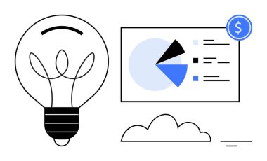 Ampul, yenilikçi pasta grafiğinin finansal stratejiyi vurguluyor. Bulut şekillendirme çevrimiçi veri ya da fikirleri ifade eder. İş, finans, büyüme, yenilik, strateji, planlama, veri için ideal