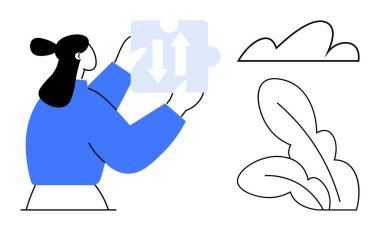 Minimalist bulutların ve yaprakların yanına yapboz parçaları ve yön okları yerleştiriyor. İşbirliği, problem çözme, büyüme, gelişme, takım çalışması, yaratıcılık stratejisi için ideal. Düz basit