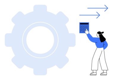 Bir kadın, dışarı çıkan oklarla büyük bir dişlinin önünde hesap makinesiyle etkileşime giriyor. Planlama, üretkenlik, otomasyon, süreç optimizasyonu, sistem tasarımı, verimlilik, iş akışı için ideal. Düz basit