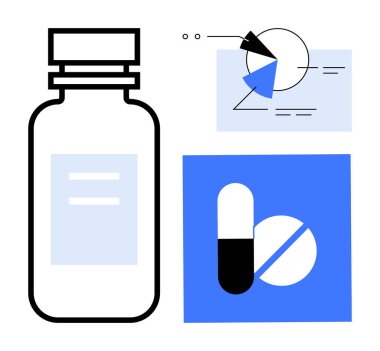 İlaç şişesi, kapsül ve pasta grafiği görsel veri analizi, sağlık yönetimi, ilaç araştırması, ilaç geliştirme, reçeteli izleme, tıbbi çalışmalar, düz basit çalışma