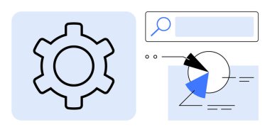 Büyüteç arama çubuğu, pasta grafiği ve belgelerin yanında vites simgesi var. Takım çalışması, veri analizi, proje yönetimi, yenilik, navigasyon, optimizasyon düzlüğü için ideal basit metafor