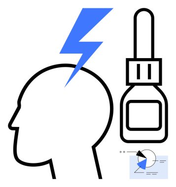 Mavi bir yıldırım, ilaç şişesi ve küçük analitik çizelge ile insan silueti çarpmış. Sağlık, tedavi, yenilik, fikirler, bakım, terapi tıbbı için ideal düz bir metafor.