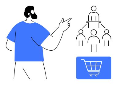 Takım hiyerarşisi diyagramını ve alışveriş arabası ikonunu gösteren adam takım çalışmasını, liderliği ve ticareti sembolize ediyor. İşbirliği, yönetim, e-ticaret, pazarlama, planlama dairesi için ideal