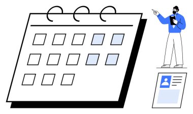 Büyük spiral çizgili takvim işaretleme tarihleri, mavi gömlekli ve beyaz pantolonlu adam işaret ediyor, kimlik kartı gösteriliyor. Zamanlama, planlama, sunum, zaman yönetimi, organizasyon, takım çalışması için ideal