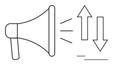 Megafon, yukarı ve aşağı eğilimleri gösteren oklarla birlikte ses dalgaları yayıyor. Pazarlama, iletişim, reklam, bildirim, veri eğilimleri, kamu duyurusu, iş