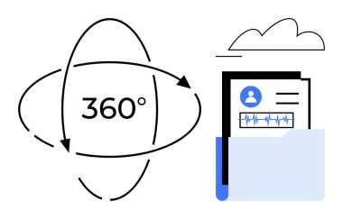 Dairesel 360 ok bütünsel veri değerlendirme belge dizininin profil ve analizlerine vurgu yapıyor. Veri analizi, bulut depolama, sağlık, dijital kimlik, işbirliği, proje için ideal