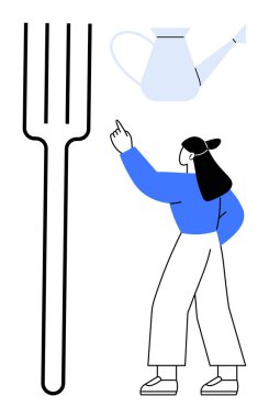 Kadın, dev bir çatalın yanındaki su kutusuna doğru el kol hareketi yapıyor, bahçe işleriyle yemek pişirme temalarını harmanlıyor. Büyümek, beslenmek, sürdürülebilirlik, yaratıcılık, aşçılık, bahçıvanlık için idealdir. Düz