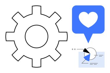 İletişim için konuşma balonu ve kalp ile dişli ayarları sembolize eder. Analizi gösteren pasta grafiği içerir. Takım çalışması, teknoloji, veri, yenilik, bağlantı, yaratıcılık, düz