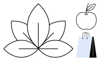 İnce çizgili nilüfer çiçeği, yapraklı elma ve modern düz stil alışveriş torbası. Sağlık, çevreci yaşam, farkındalık, beslenme, kişisel bakım ve minimalizm için idealdir. Düz basit