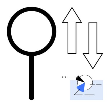 Büyüteç, yukarı ve aşağı doğru oklar ve soyut pasta grafiği analiz, karar verme, içgörü ve veri eğilimleri kavramlarını vurgular. Araştırma, büyüme ve strateji planlaması için ideal
