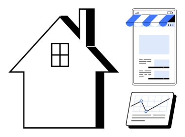 Mobil çevrimiçi mağaza arayüzü ve iş büyümesini gösteren veri tablosu olan ev taslağı. E-ticaret, ev girişimciliği, çevrimiçi pazarlama, web analizi, dijital dönüşüm için ideal