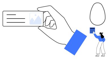 El ele tutuşan kimlik kartı, tabletli kadın nesneyle etkileşim halinde, soyut şekiller. Kimlik, teknoloji, bağlantı, güvenlik, tasarım yenilik iletişimi için idealdir. Düz basit