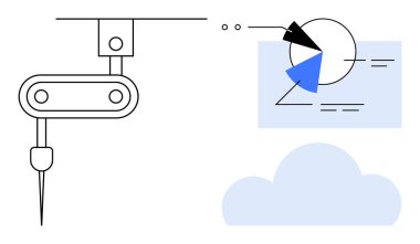 Çizelge ve grafiklerin yanında robot kol verinin yol açtığı ilerlemeye ve bulut hesaplamasına doğru ilerliyor. Otomasyon, yenilik, yapay zeka, dijital çözümler, sektör 4.0, analitik, düz basit metafor