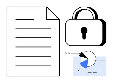 Güvenlik ve pasta grafiğini gösteren asma kilidin yanındaki belge. Siber güvenlik, veri koruması, uyum, gizlilik, analiz, şifreleme yönetimi için ideal. Düz basit metafor