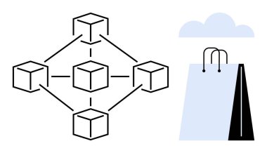 Blockchain düğümleri bir bulutun altındaki alışveriş çantasının yanındaki ağa bağlı. Engelleme zinciri, e-ticaret, çevrimiçi alışveriş, tedarik zinciri, bulut depolama, teknolojik yenilik, düz basit