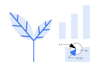 Yaprak çizelgesi, çubuk ve pasta grafikleriyle eşleştirildiğinde büyüme, veri ve analizi birleştirir. Sürdürülebilirlik, eko-çözümler, iş büyümesi, veri görselleştirme, araştırma, tarım için ideal