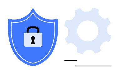Kalkanlar asma kilidi temsil ediyor, sistem yapılandırması için teçhizat. Siber güvenlik, veri koruması, teknoloji, bilişim yönetimi, mahremiyet, güvenlik ayarları için ideal, düz basit metafor