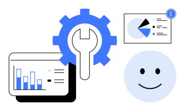 Bar çizelgesinin üzerinde ingiliz anahtarı ve mutlu yüzlü pasta grafiği. Optimizasyon, analitik, araçlar, strateji, üretkenlik, finans ve kullanıcı memnuniyetini temsil eder. İş ve büyüme kavramları için ideal